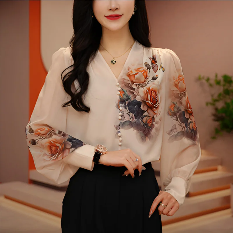 Chemise en mousseline de soie à manches longues et col en V pour femmes, bouton monochrome, élégant, mode bohème, décontracté, dame de bureau,