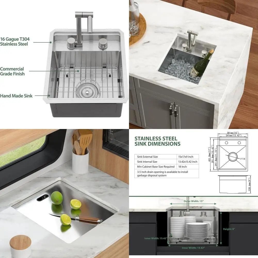 

Stainless Steel 15x17 Inch Undermount RV Sink with Folding Faucet for Outdoor Kitchens