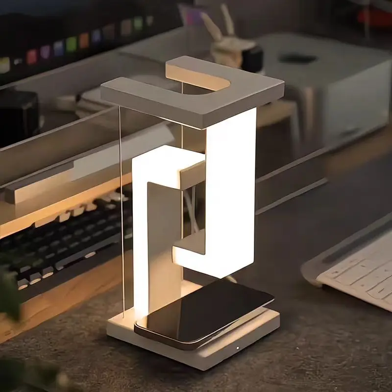 Lámpara de escritorio de luz nocturna antigravedad con suspensión, LED de carga inalámbrica para dormitorio, interruptor de pantalla táctil, brillo de 3 etapas