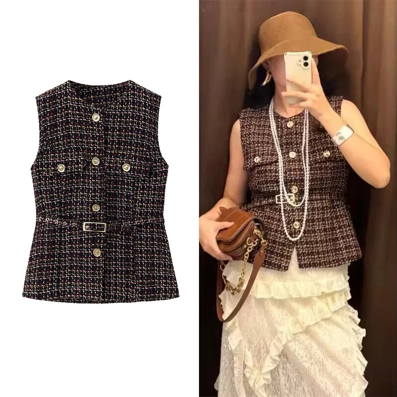 

Женский жилет, осень 2024, новая мода, текстурированный жилет, женские жилеты без рукавов на пуговицах для женщин, шикарная верхняя одежда с поясом