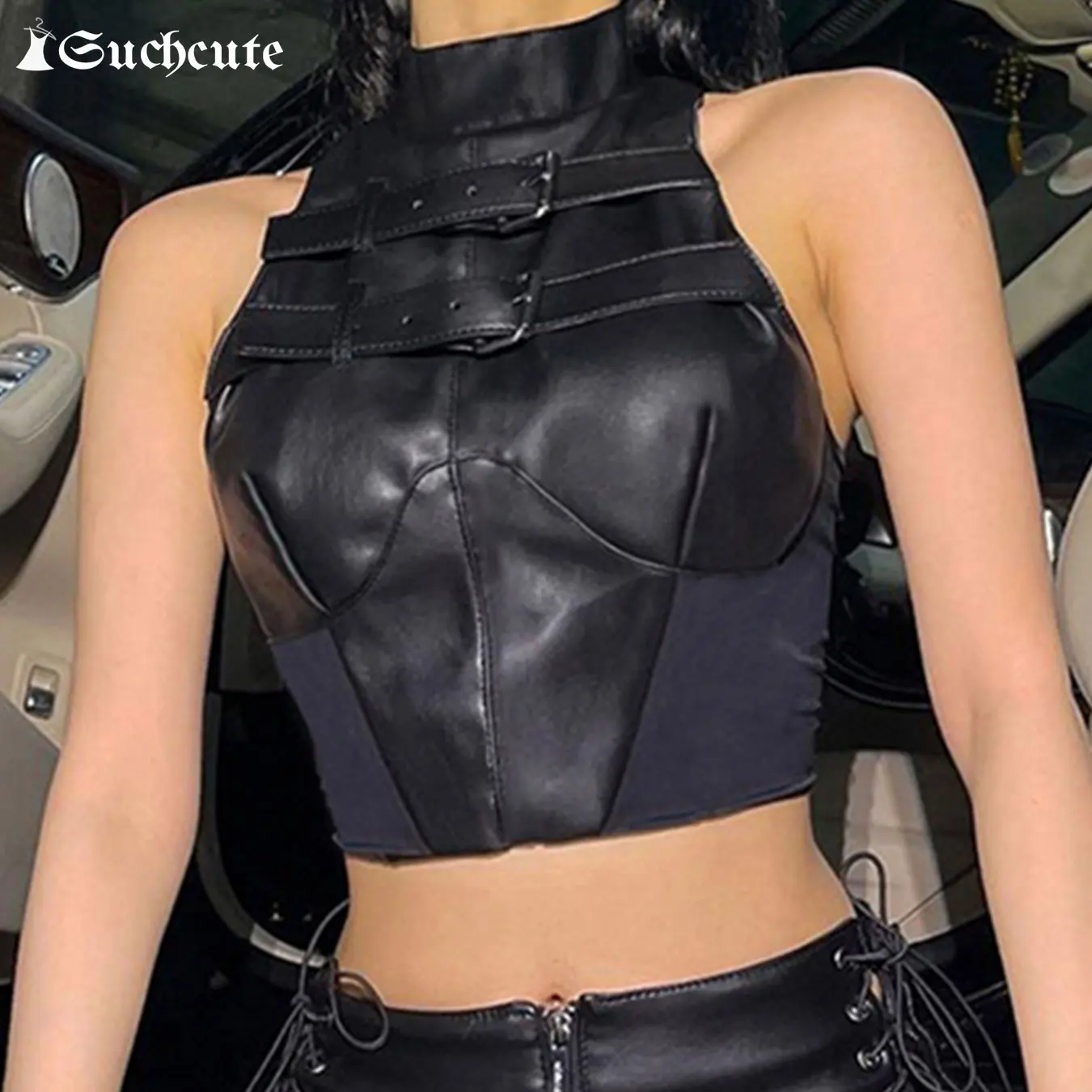 SUCHCUTE Punk Style Leather PU Crop Tops Y2k Vintage 90s Biker Sleeveless Corset Tank Tops Streetwear Aesthetic Women Vests 2024