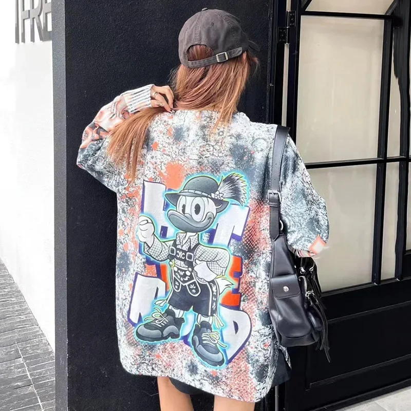 Fashion Cartoon Printed Knitted Tops Autumn and Winter New Hot Diamond Loose Round Neck Pullover Long Sleeve Sweaters Women