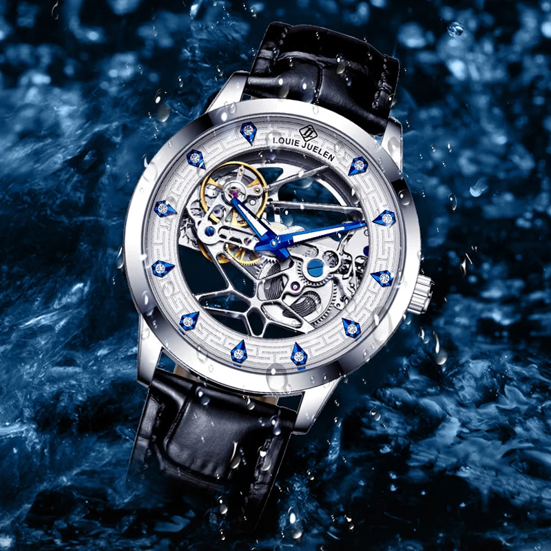 موضة جديدة الهيكل العظمي ساعة ميكانيكية العلامة التجارية الفاخرة الرجال Steampunk شفافة الجوف ساعة أوتوماتيكية الرجال Relogio Masculino