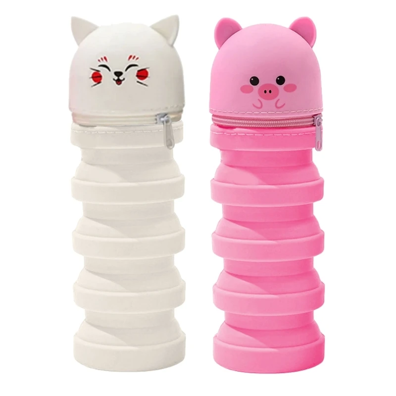 2 ชิ้นการ์ตูนปากกา Telescoping ปากกากระเป๋าซิปซิลิโคนปากกากระเป๋าดินสอกรณี Standing up ผู้ถือปากกาสำหรับนักเรียน