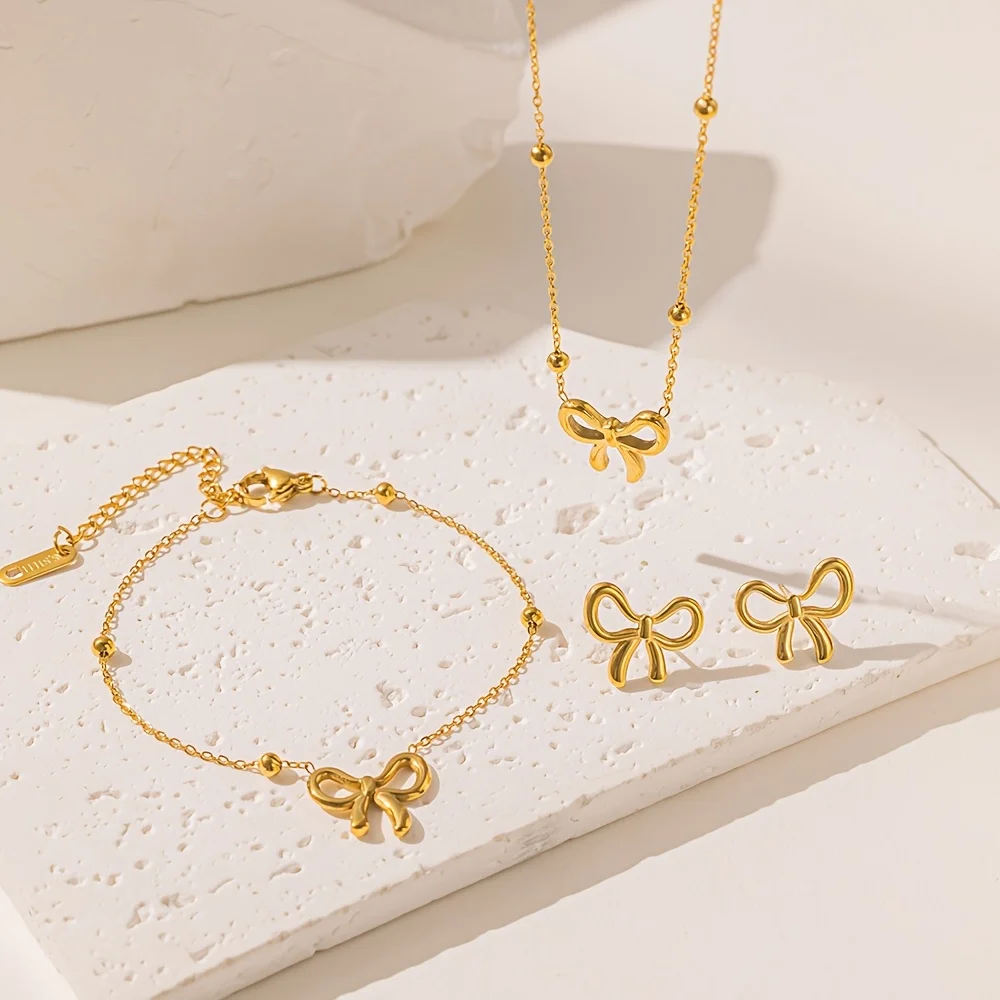 4-teiliges Elegantes Schleifenknoten-Schmuckset für Damen, Geometrische Flache Schlangenkette Anhänger Halskette Ohrringe Armband, Minimalistisches Hochwertiges F