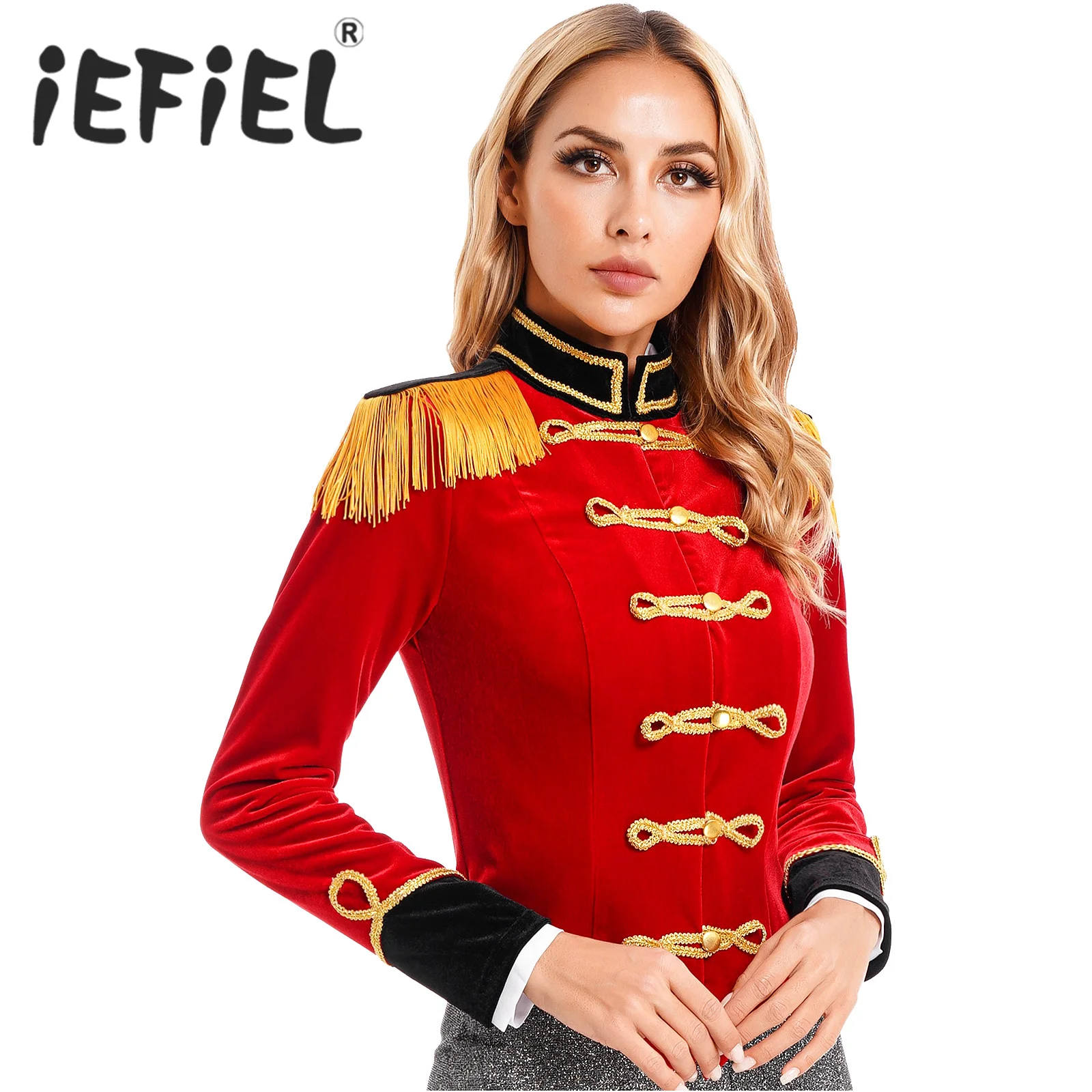 Zirkusdirektor-Kostüm für Damen, Halloween, Karneval, Cosplay, Party, Rollenspiel, Jacke, Stehkragen, Fransen, Samtmantel zum Anziehen