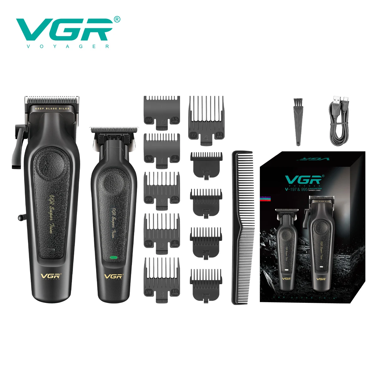 VGR Electric Hair Clipper 2-piece Set Men's Oil Head Carving Electric Push Leather Metal Body Powerful Power Machine V-197&995