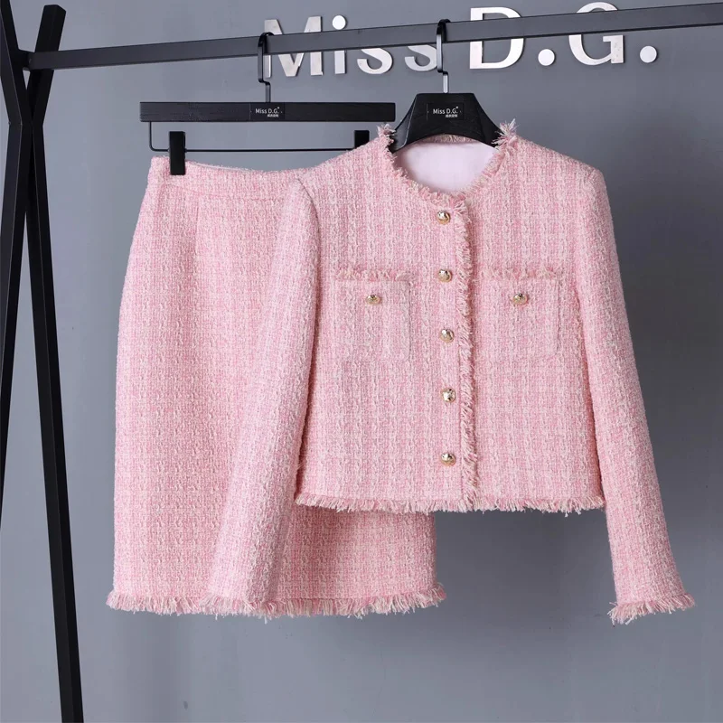 Women Elegant Chic Fragrant Y2K Suit Jacke Coat Top And Mini Skirt Two Piece Set Outfit Winter Jacquard Vintage Tweed Clothing
