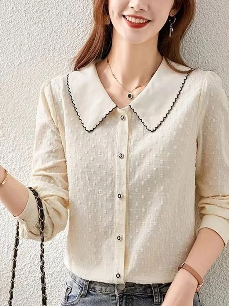 Fashion Solid Color Color Blocking Blouse Women New Long Sleeve Classic Peter Pan Collar Korean Office All-match Lady Shirt 2022