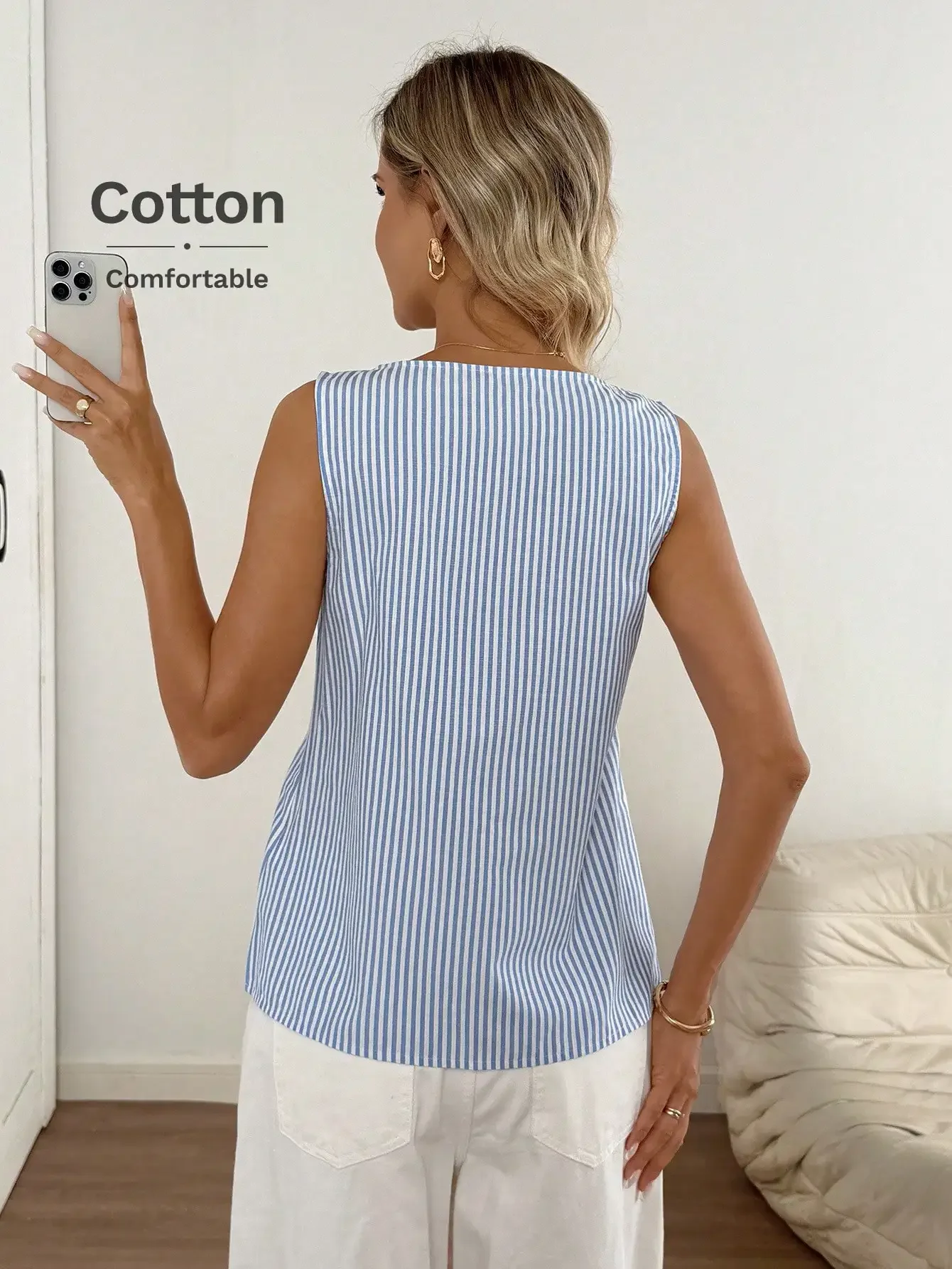 

Women Asymmetrical Collar Button Blue White Striped Sleeveless Casual Top Summer