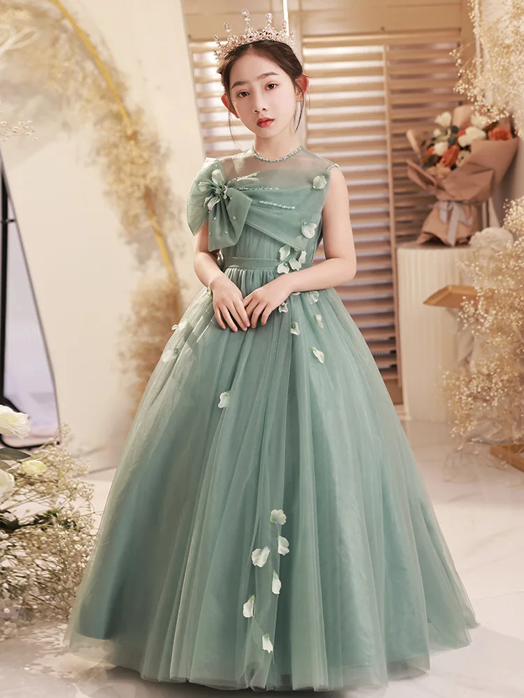 

Teenage Girls Dress Green Lace Children's Clothing Party Elegant Princess Long Tulle Clothes Kids Sequined Wedding Ceremony Gown