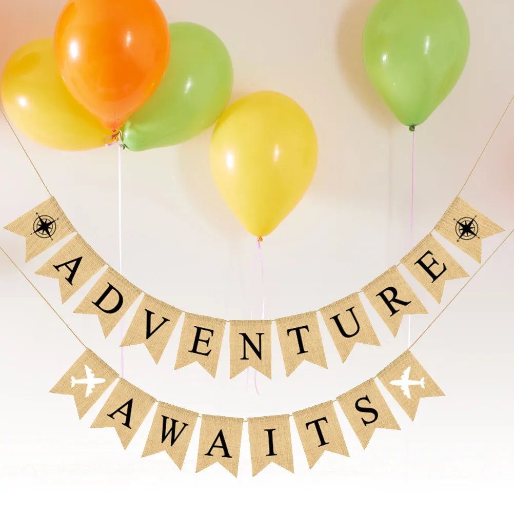Adventure Theme Linen Banner Letter Printing Bunting for Party Decoration Retirement Garland Hanging Flag Bunting Flags