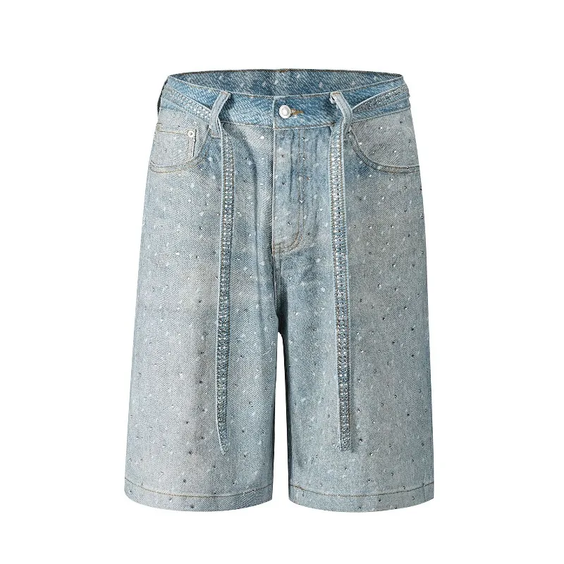 KIDWHXR Man Denim Short Summer American High Street Washed Loose Male Straight-leg Jeans Mid Waist Casual Men Knee-length Pant
