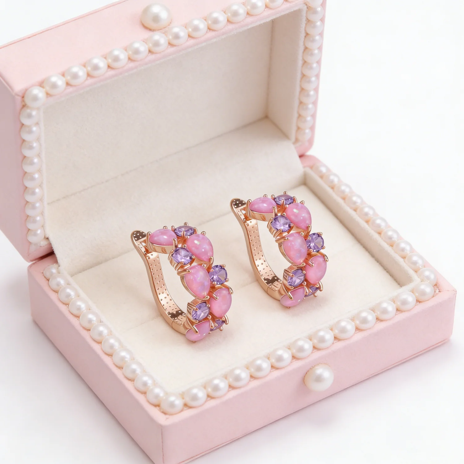 New Dainty Pink Opal Purple Round Zircon Earrings Women\'s Boho Trendy Fine Jewelry Holiday Wear Anniversaries Cute Gift for Girl