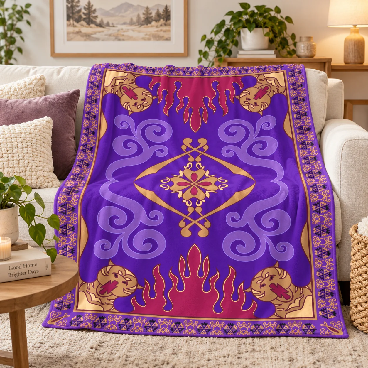 Aladdin Magic Carpet Flannel Throw Blanket, Vintage Arabian Pattern Purple Decorative Blanket, Soft Warm Lightweight Sofa Bed