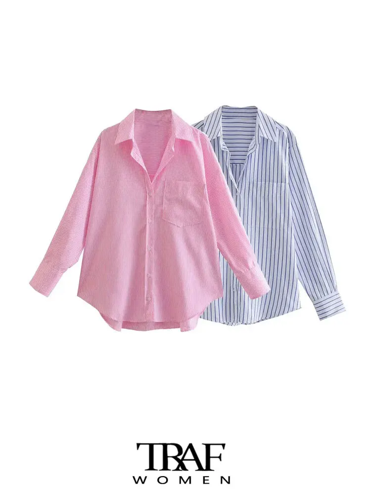 TRAF-Striped Loose Shirts With Pocket for Women, Long Sleeve, Button-up, Chic Tops, Casual Female Blouses, Fashion