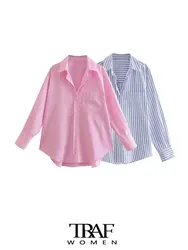 TRAF-Striped Loose Shirts With Pocket for Women, Long Sleeve, Button-up, Chic Tops, Casual Female Blouses, Fashion