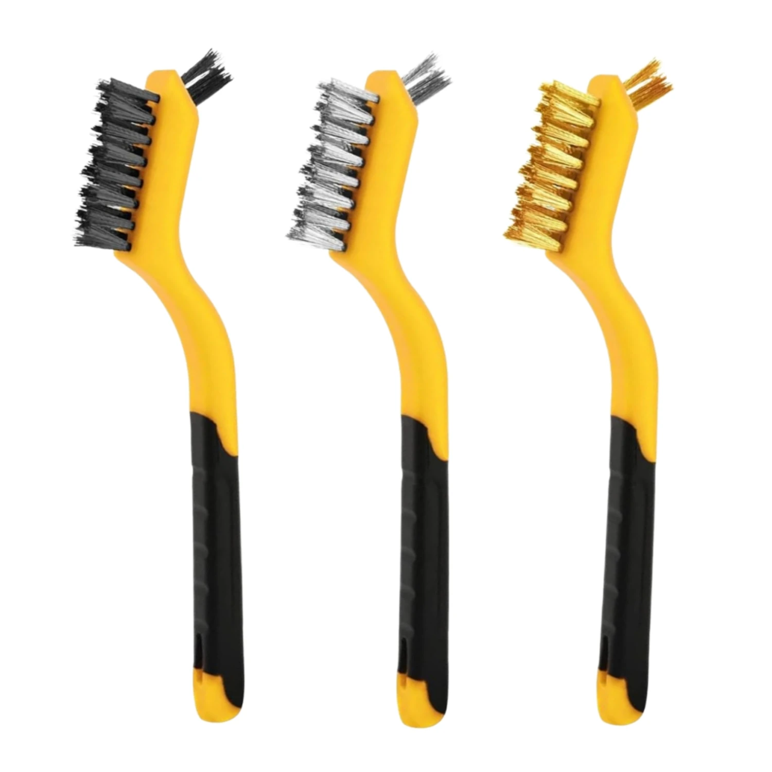 3-teiliges Drahtbürsten-Set zur Entfernung von Rost und Farbe, Messing-Edelstahl-Nylonbürsten mit Gebogenem Griff für Metall, Fliesen und Haushalt – Detail 1