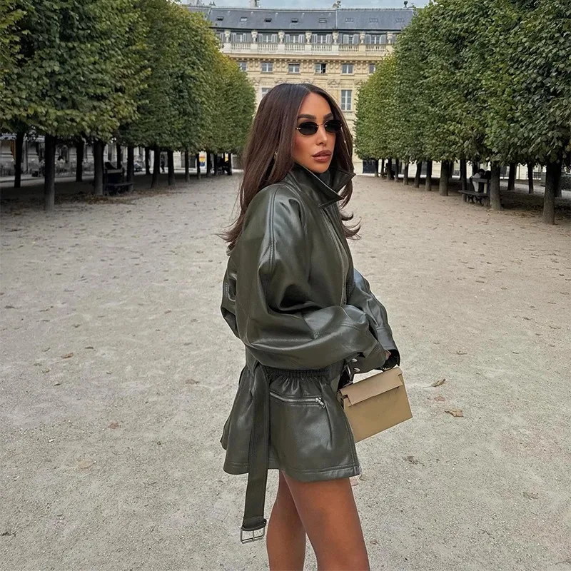 2026 Autumn Outerwear Daily Street Coats Women's Army Green Leather Jacket Fashion Lapel Coller Long Sleeve Zipper Loose Coat