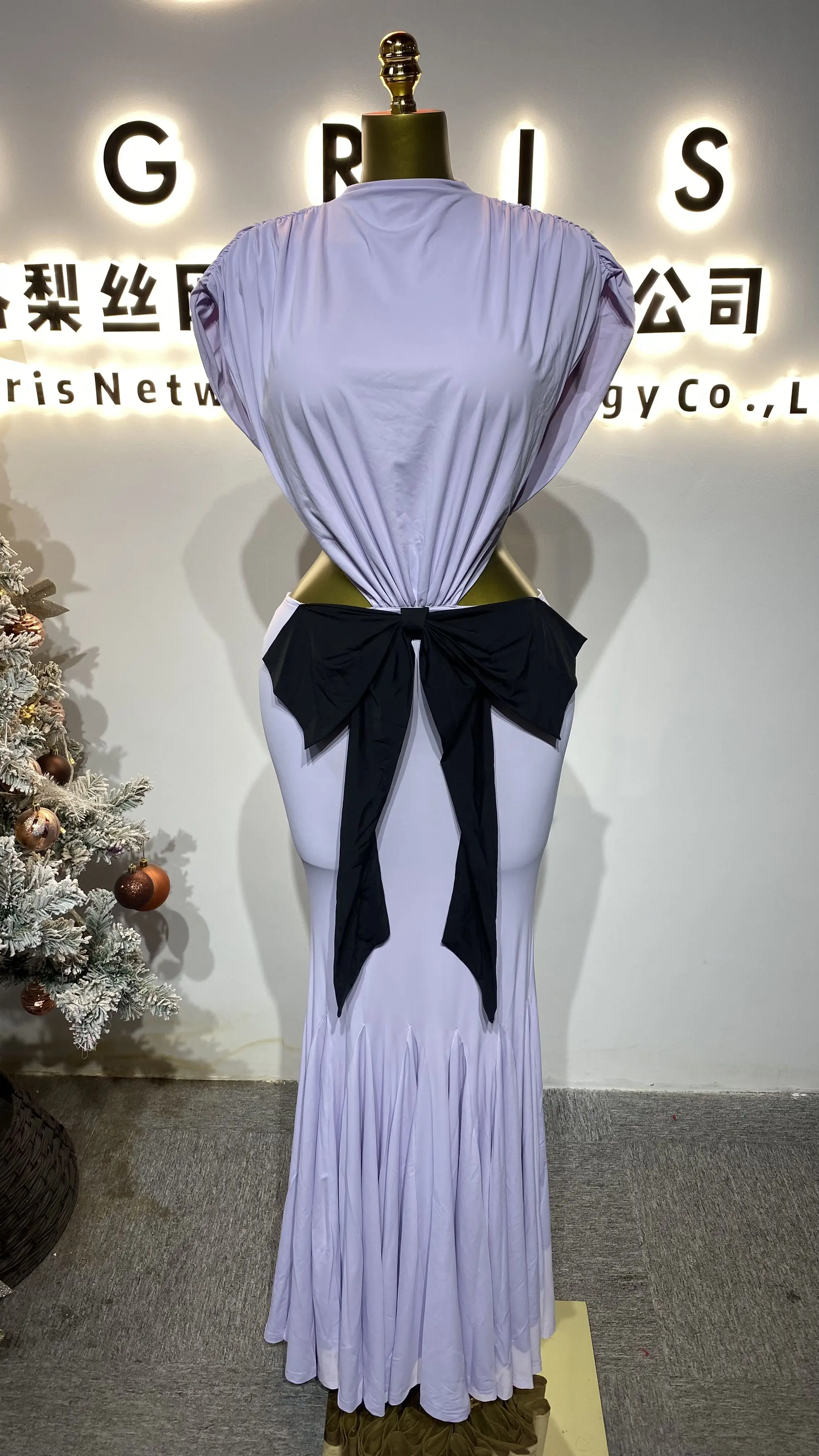 

2025 Summer New Sexy Waist-cinching Bow Contrast Color Backless Sleeveless Fashionable Long Dress-GZXX166