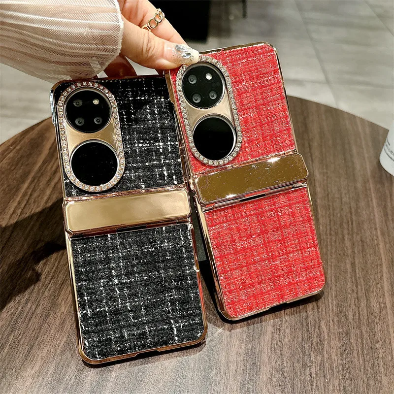 

Fashion Woman Fabric Plaid Little Fragrance Bling Diamond Case For Huawei P50 Pocket S Plating Gold Ring Phone Cover