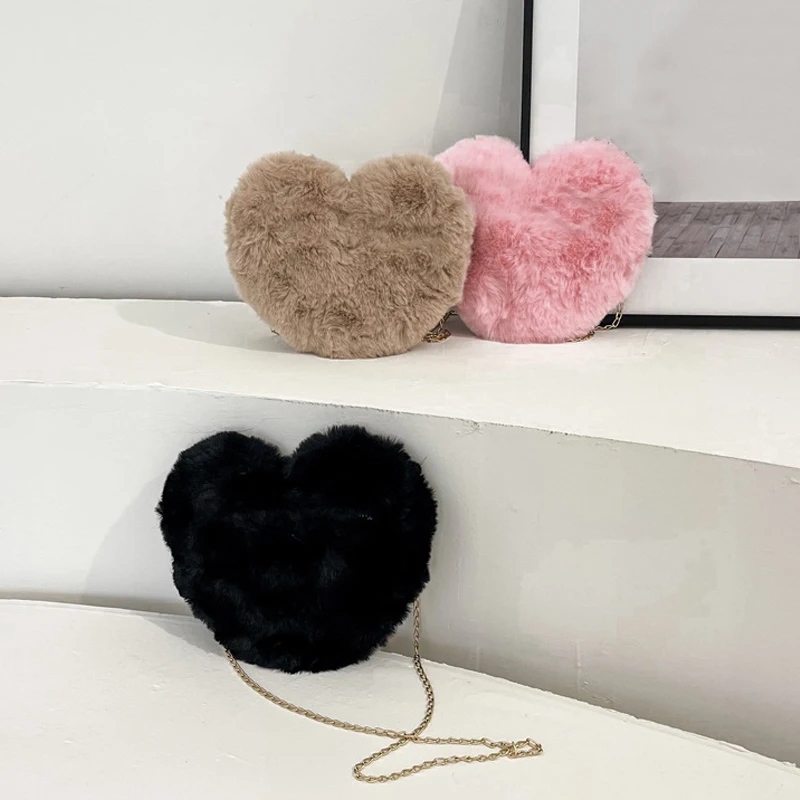 Fashion Love Bag, Peach Heart Bag, Women's Chain Crossbody Bag, Plush Single Shoulder Plush Bag, Coin Purse