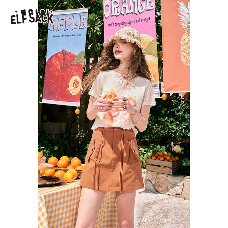 ELFSACK 2024 summer new arrival Orange A-line high waist slimming workwear American style drawstring skirt for women