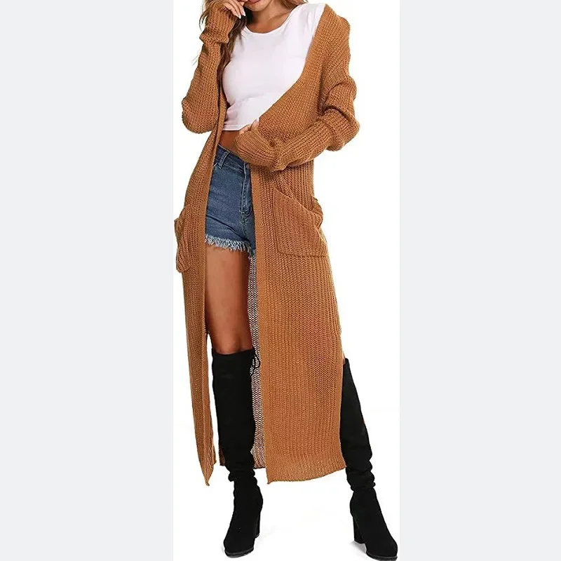 New Women Solid Color Loose Cardigan Knitted Sweater 2023 Autumn Winter Sweater Coat Women Long Sleeve Pocket Long Sweater Coat