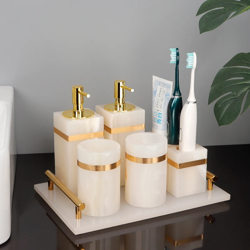 

White Onyx Natural Marble Bathroom Accessories Gold Luxury Soap Dispenser Cotton Swab Holder Toothbrush Holder Bathroom Set