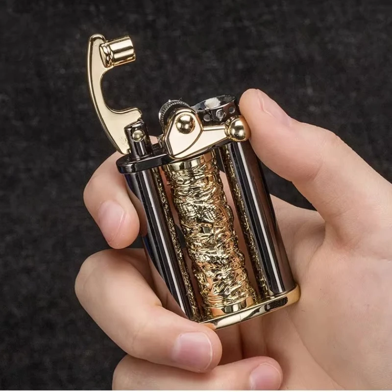Creative Retro Swing Arm Metal Lighter Decompression Rotating Dragon Column Personalized Carving Portable Cigarette Lighter Gift