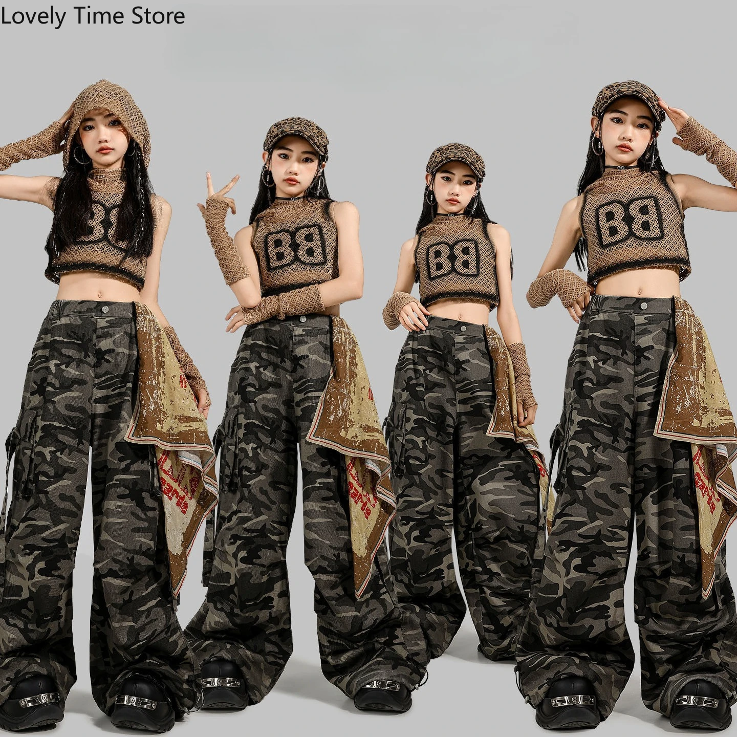 Girls K-pop Mesh Hoodies Camouflage Cargo Pants Kid Hip Hop Hooded Crop Top Streetwear Costume Child Jazz Girl Group Clothes Set