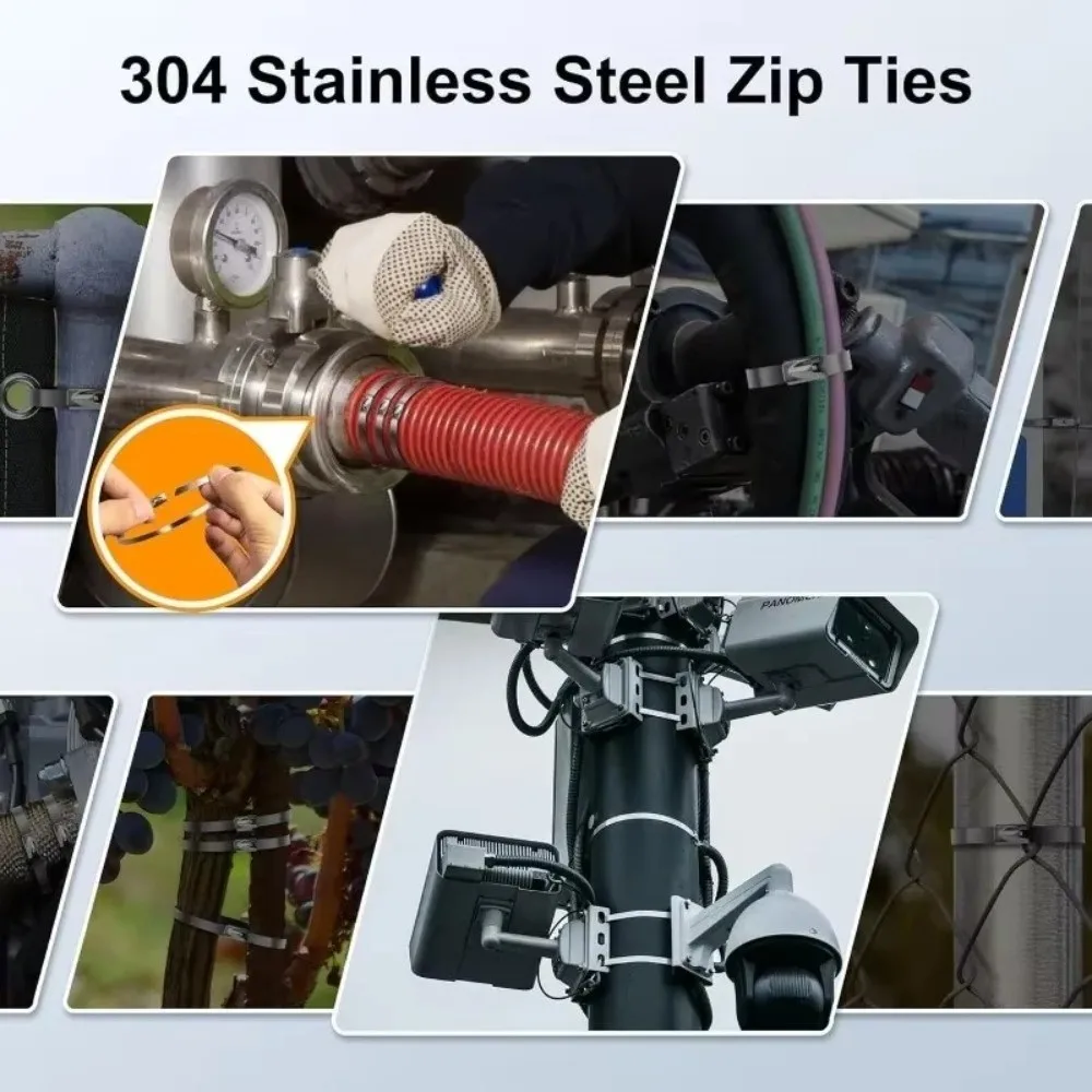 100PCS Stainless Steel Cable Tie Straps Heavy Duty Rustproof Zip Ties Corrosion Resistant Self-Locking Fastener Straps