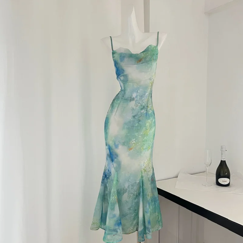 Tie-dyed Green Women's Clothing Dress Long Dresses Sweet Fashion Summer Dresses 2024 French Vest Fishtail Skirt High Waist Dress