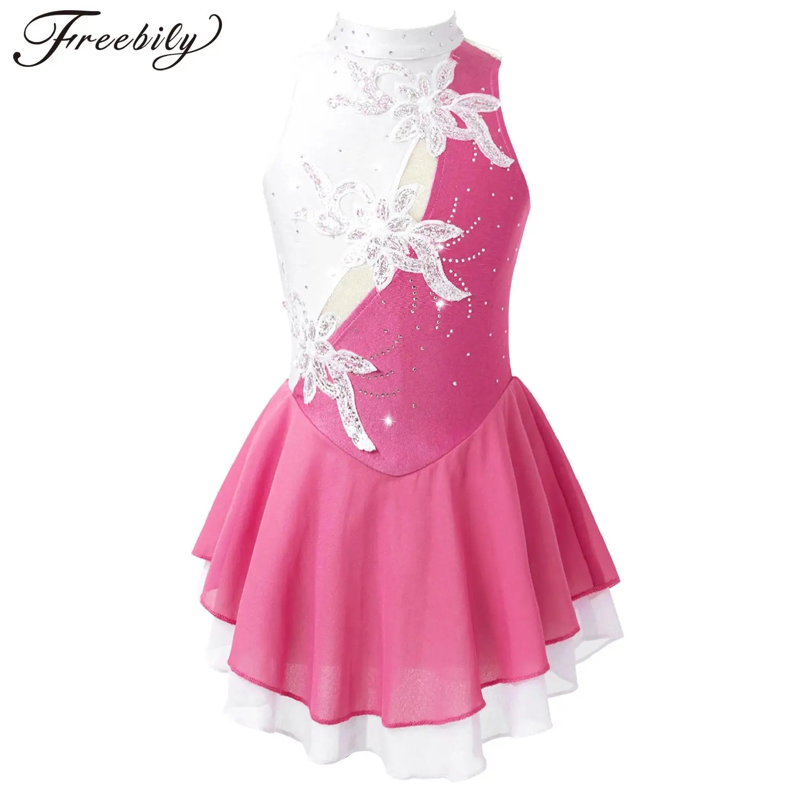 Kids Girls Ballet Dress Dancewear Halter Mock Neck Sequins Figure Skating Dress Rhinestones Stage Performance Dance Costumes