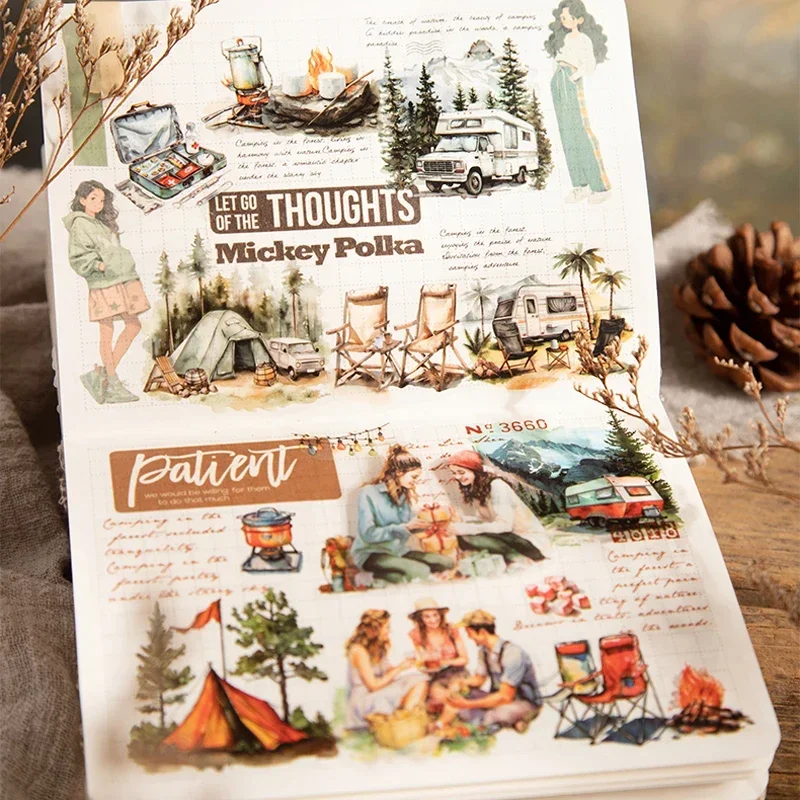 Mr. Paper, Forest Camping Character Theme Tape, Collage Scrapbook, Notebook, Diary, Decorative Stationery Stickers, 200cm/roll