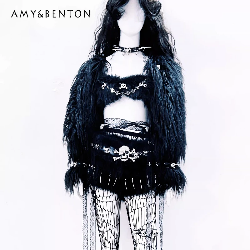 

Punk Dark Furry Chain Decorated Women's Jacket 2025 Autumn Winter Original New Design Vest Shorts Stage Performance Sets Ladies