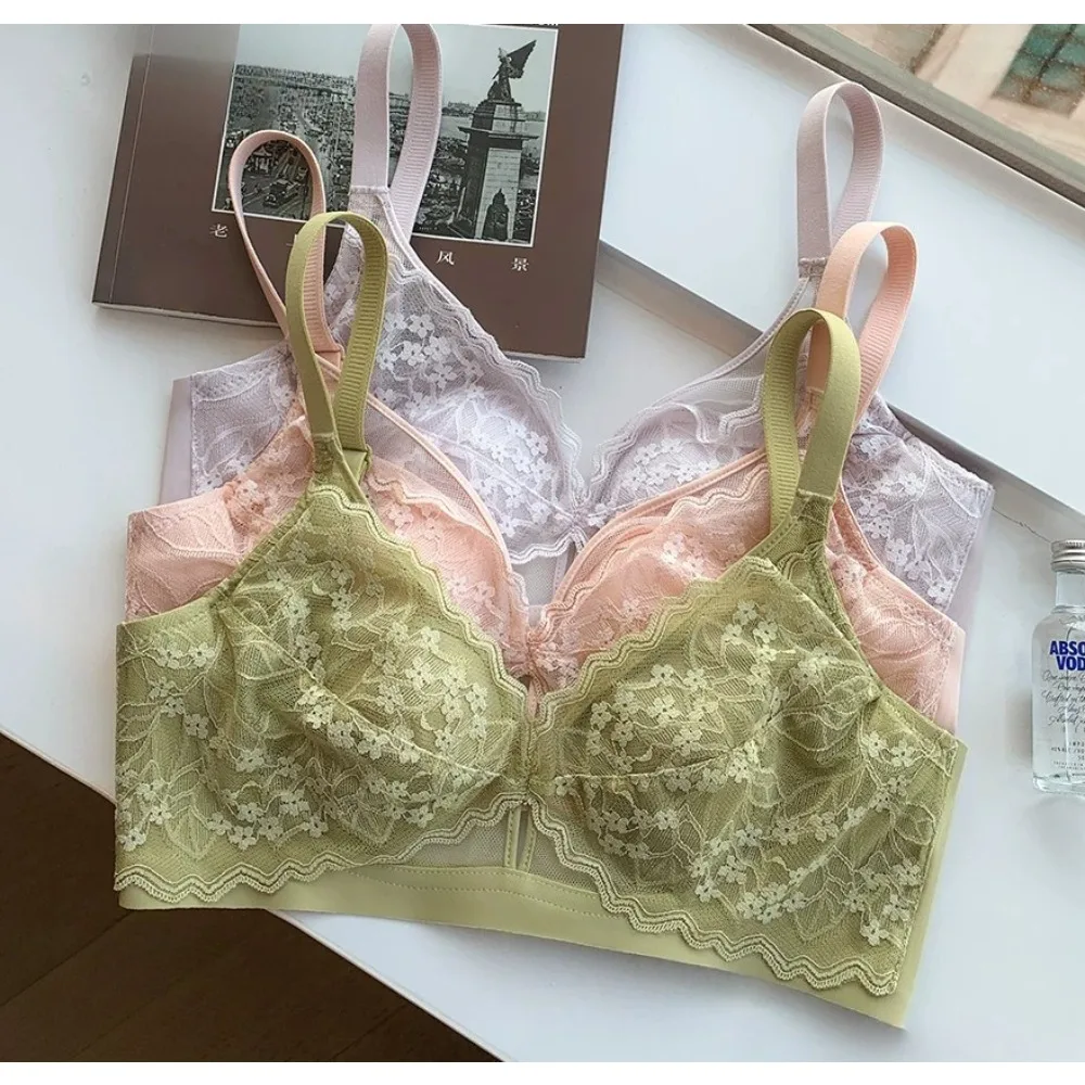 French lace thin crystal cup big chest small underwear women thin without steel ring collection sub-breasts rabbit ears cup bra
