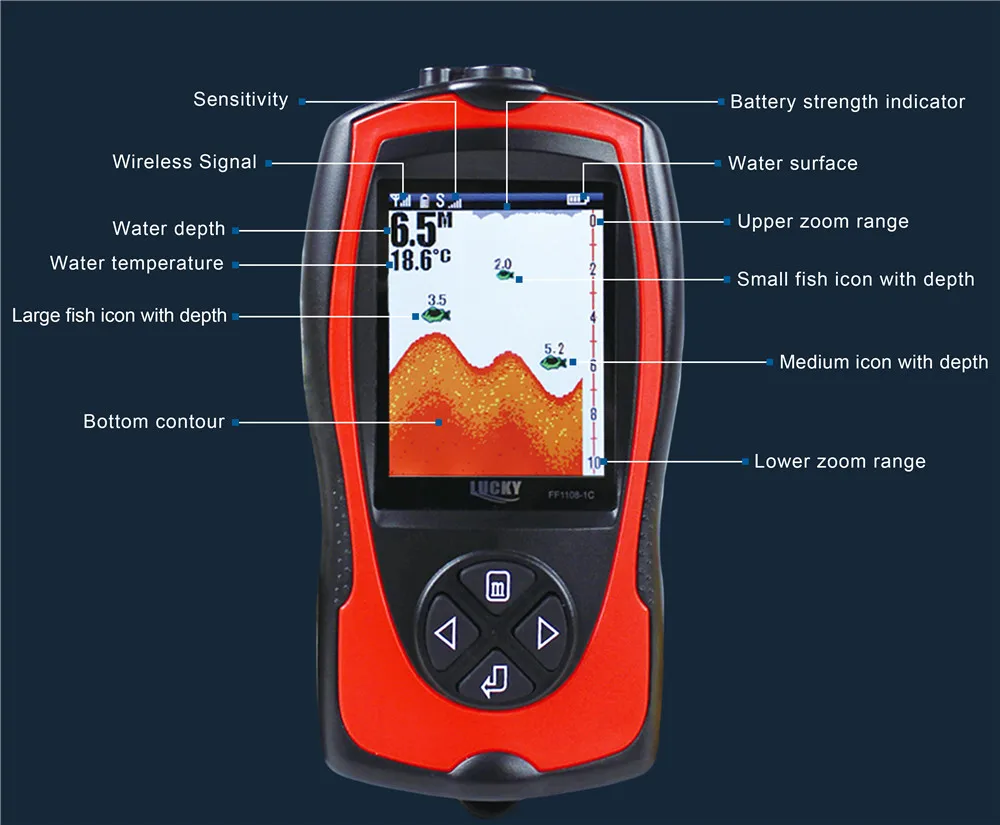 Lucky FF1108-1CW Fish Finder portatile Gamma 100M Profondità 45M Sonar wireless Profondità Sirena Menu russo Fish Finder Pesca