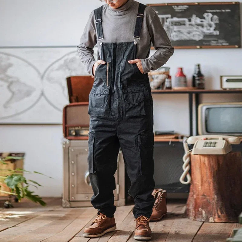 

Retro American Cotton Overalls Loose Jumpsuit Men's Cargo Pants Men Suspenders Bibs Four Seasons Full Length Baggy Pants