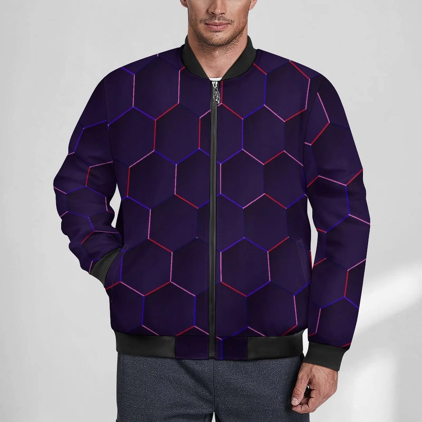 Purple Geometric Casual Jackets Abstract Art With Pockets Windbreakers Men Design Coats Winter Street Loose Jacket Plus Size