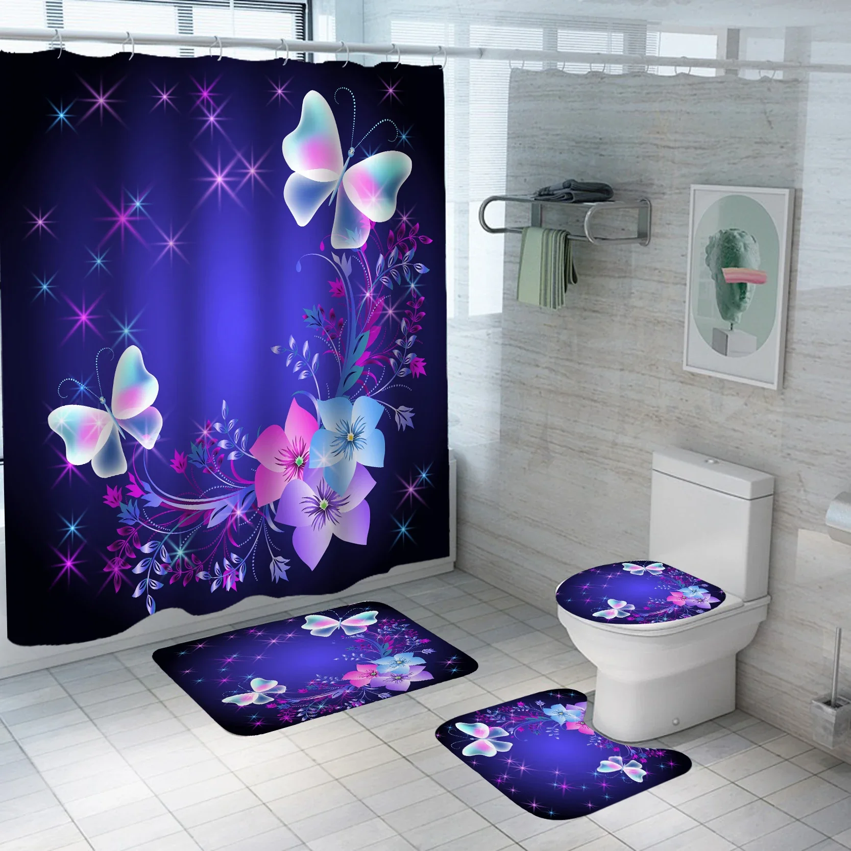 Colorful Butterfly Shower Curtain Set Waterproof Bathroom Anti-slip Bath Mat Toilet Rugs Carpet Home Decor
