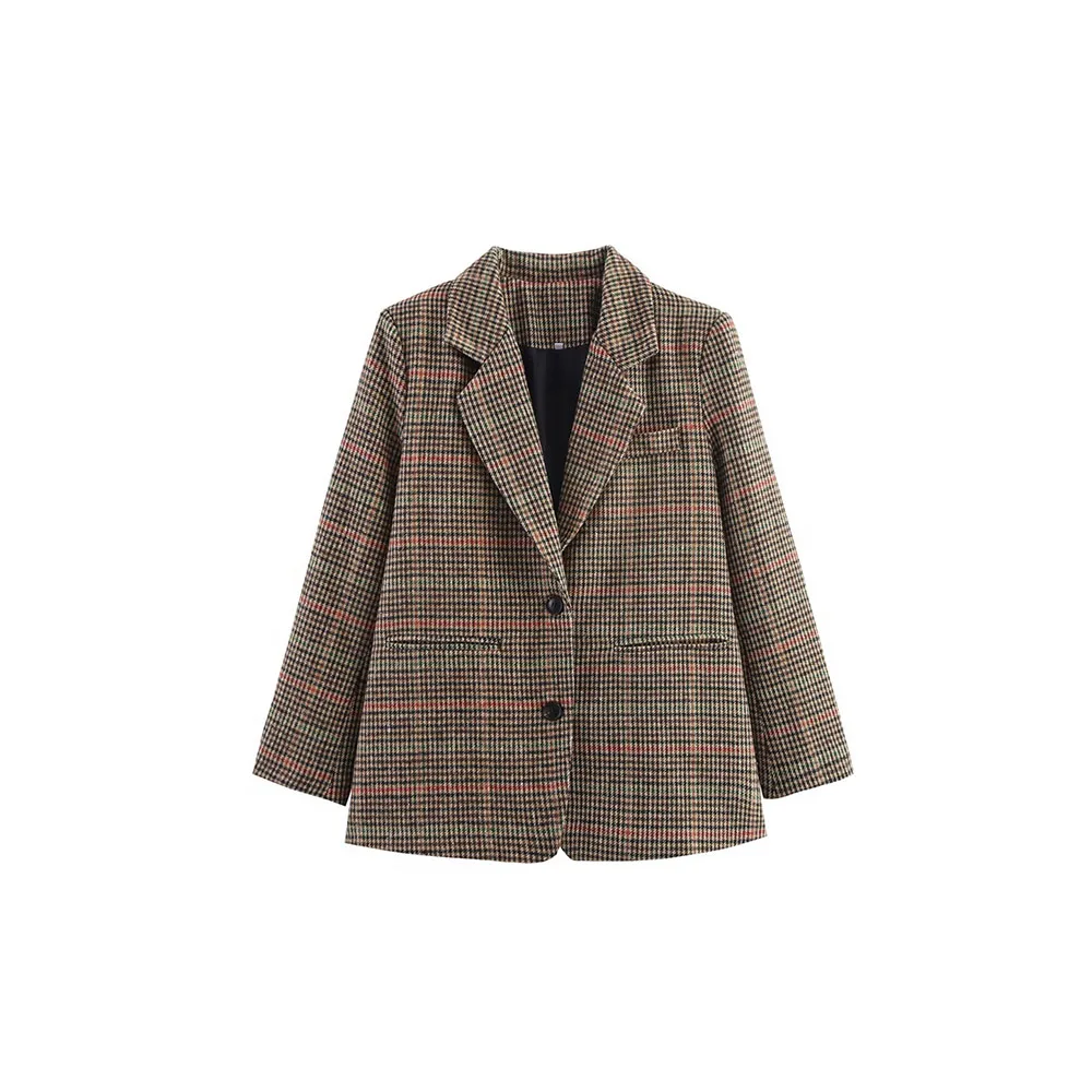 

Autumn new women's plaid woolen collar button casual suit jacket