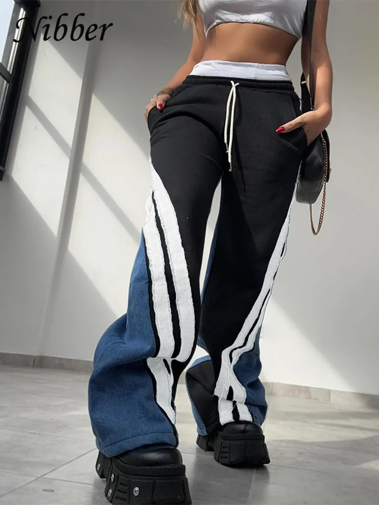 Nibber Panelled Stripes Pants Women 2024 Autumn Fashion Contrast Casual Sporty Simple loose Skinny Streetwear Straight Trousers