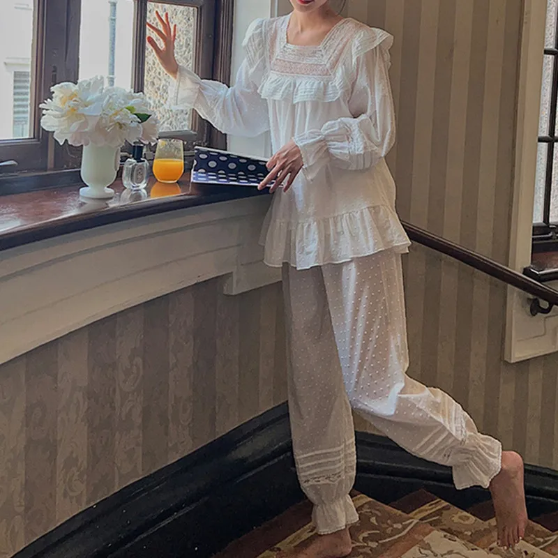 Women Spring Full Sleeves Cotton Sleepwear Sweet Square Collar Two-Pieces Pajama Sets Loose Casual Long Pants Pyjamas Homewear