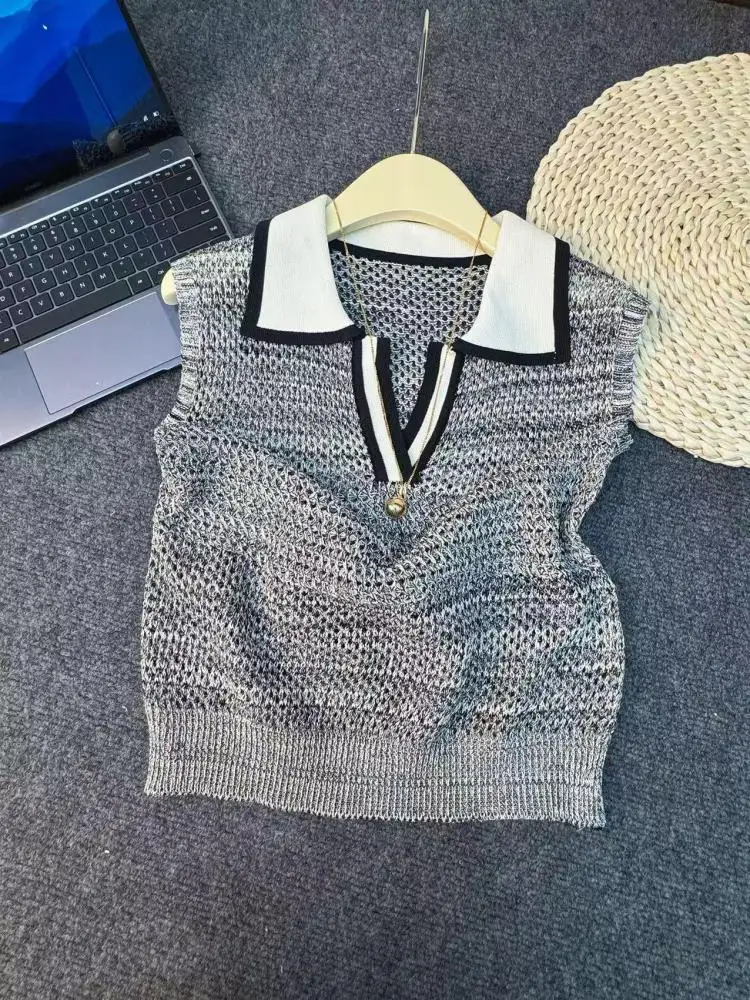 

Korean Women Patchwork Hollow Out Short Knitted Tank Clothing 2025 Summer Office Lady Slim Sleeveless Festival Vest Tops Fashion