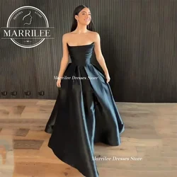 Marrilee Sexy A-Line Floor Length Black Stain Evening Dresses Sleeveless Boat Neck Strapless Backless Lace Up Formal Prom Gowns