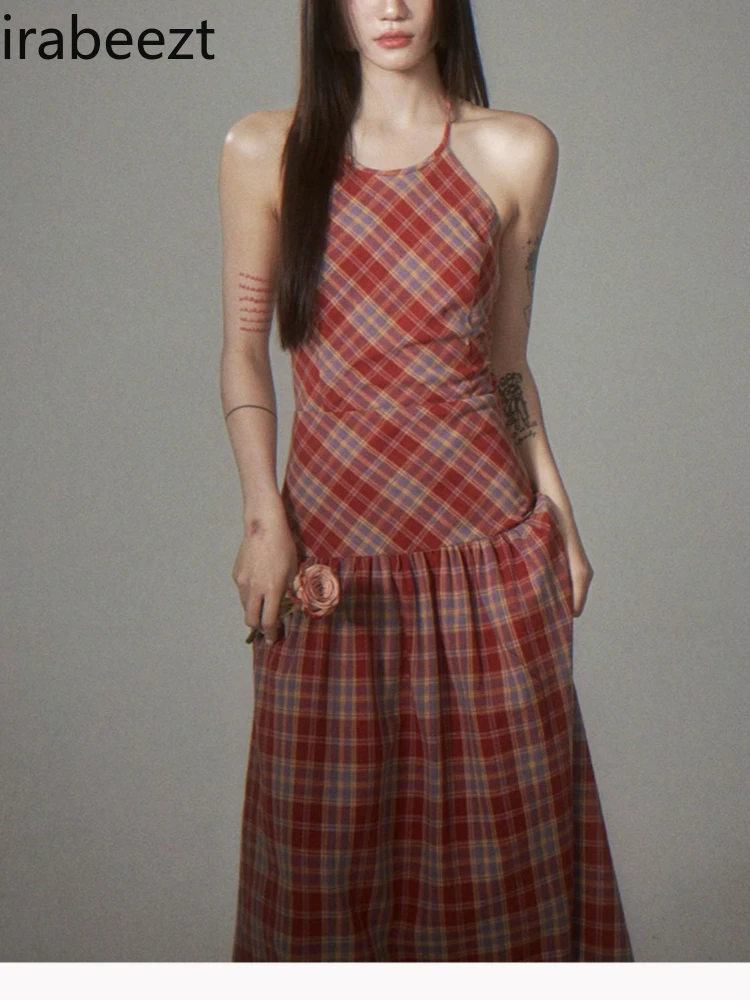 French Vintage Sense New Small Plaid Color Sleeveless Halter Fairy Halter Dress Female Robe Manches Chauve Souris Femme