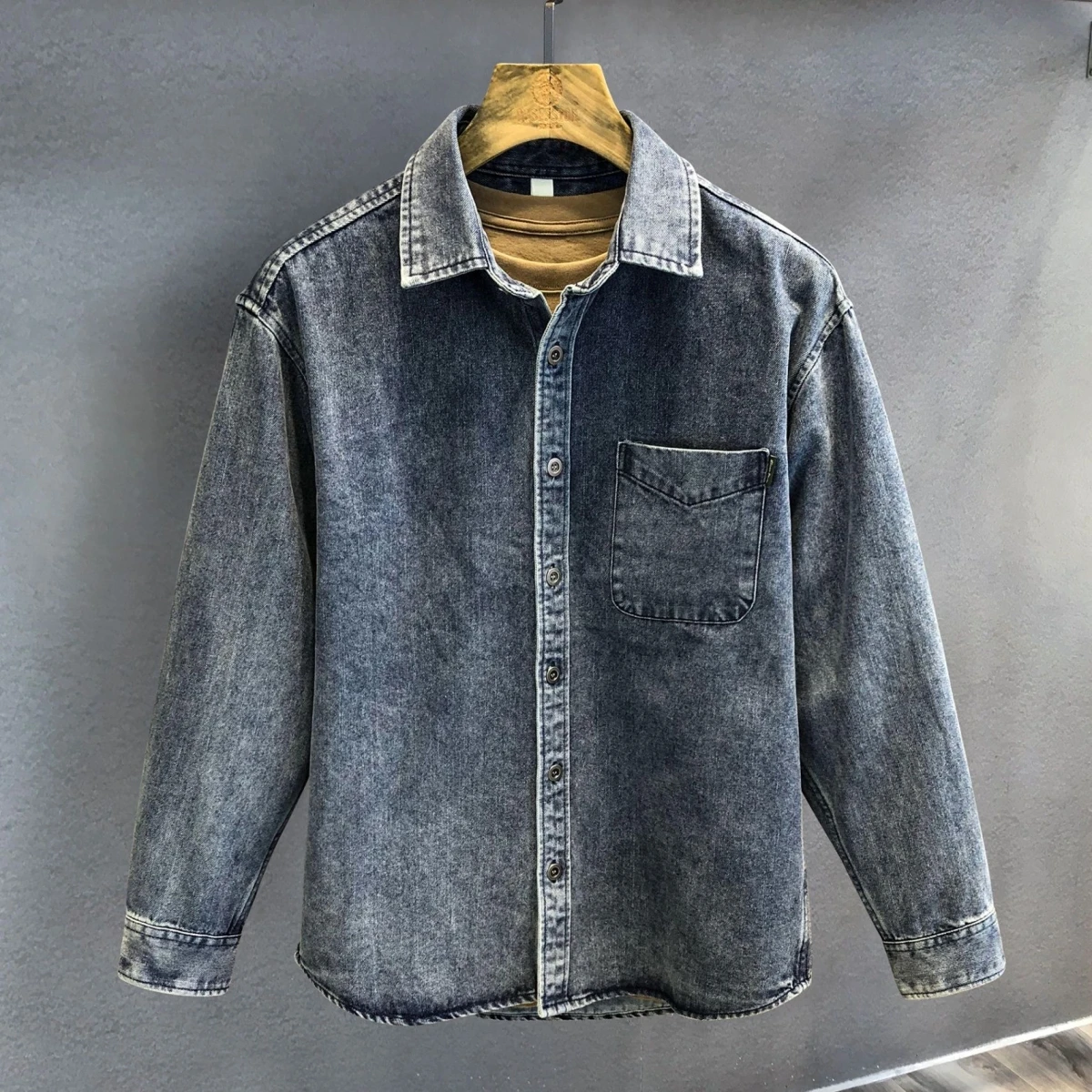 Hong Kong Version High-End Worn-look Denim Shirt Long Sleeve Men's Spring American Retro Workwear Jacket Loose Fit Button Decor