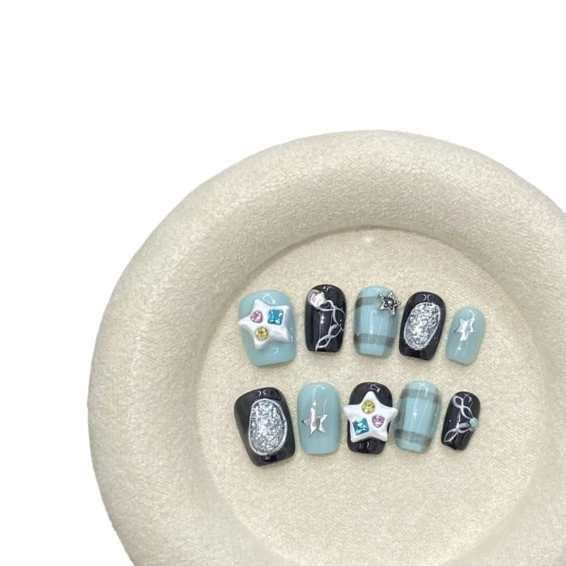 10 قطع فتاة حارة Y2k نجوم اليدوية اضغط على الأظافر الأسود والأزرق اللون الصدام قصيرة الأظافر وهمية القابلة للإزالة قابلة لإعادة الاستخدام #2