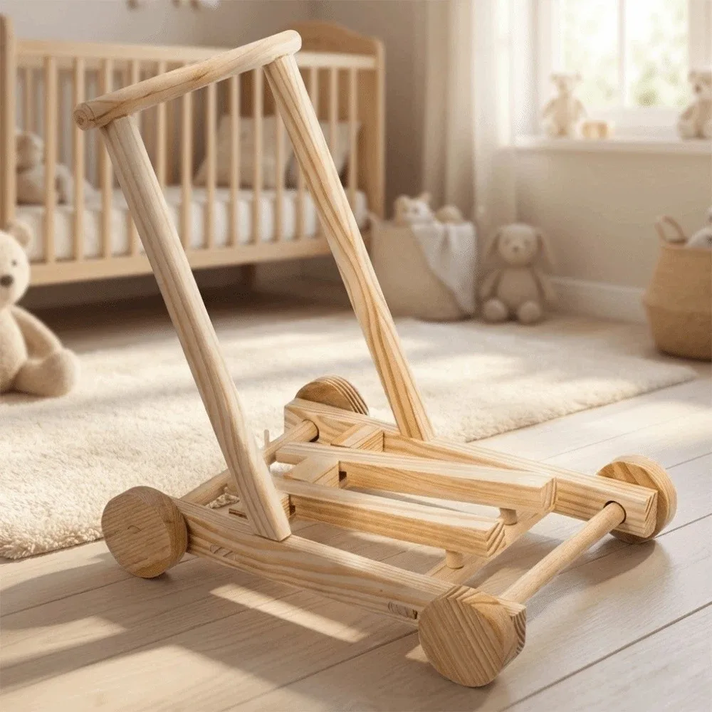 Adjustable Speed Height No-Knot Wood Baby Walker Non-Toxic Durable Toddler Walking Aid Wheeled Push-Pull Safe Sturdy